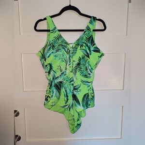 Women's Coastal Waves Neon Green One piece swimsuit with palm in a size 3X.